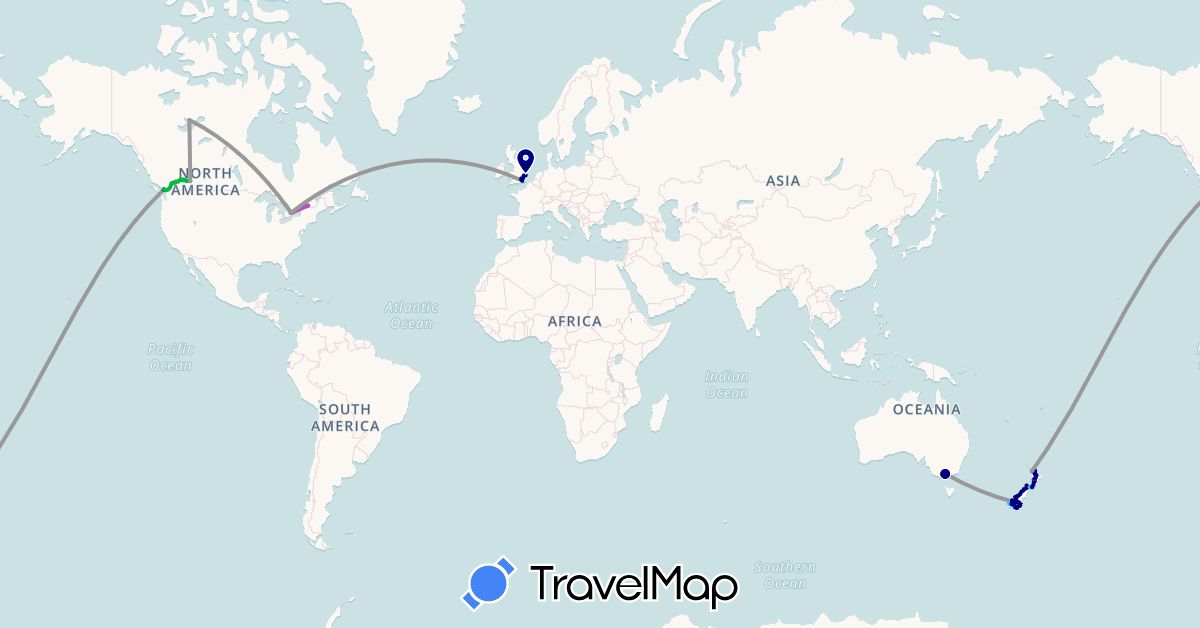 TravelMap itinerary: driving, bus, plane, train, hiking, boat in Australia, Canada, United Kingdom, New Zealand (Europe, North America, Oceania)